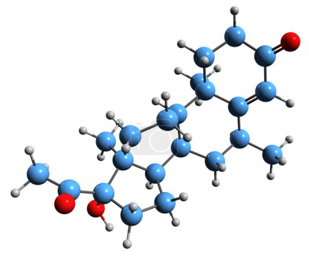 Foto de Imagen 3D de la fórmula esquelética de medroxiprogesterona: estructura química molecular del progestógeno aislado sobre fondo blanco - Imagen libre de derechos