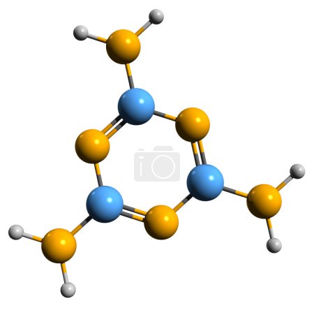 Foto de Imagen 3D de la fórmula esquelética de la melamina - estructura química molecular de la cianuramida aislada sobre fondo blanco - Imagen libre de derechos