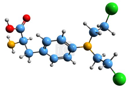 Téléchargez les photos : Image 3D de la formule squelettique Melphalan - structure chimique moléculaire du médicament de chimiothérapie isolé sur fond blanc - en image libre de droit