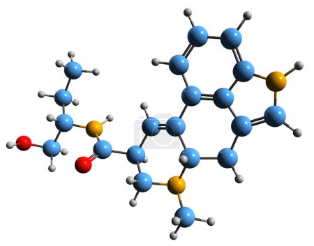 Foto de Imagen 3D de la fórmula esquelética de metilergometrina - estructura química molecular del músculo liso constrictor aislado sobre fondo blanco - Imagen libre de derechos