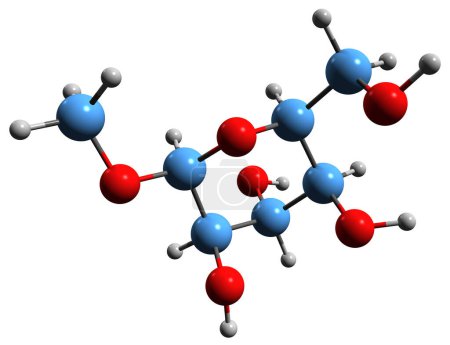Foto de Imagen 3D de la fórmula esquelética de metilglucopiranósido - estructura química molecular del monosacárido 1-O-metil-D-glucopiranosa aislada sobre fondo blanco - Imagen libre de derechos
