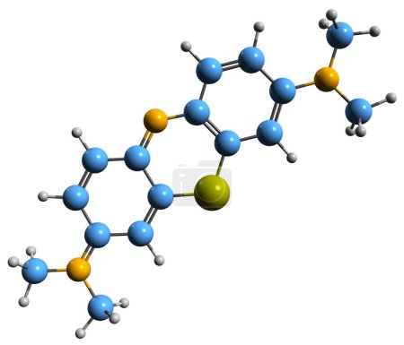 Téléchargez les photos : Image 3D de la formule squelettique bleu de méthylène - structure chimique moléculaire du chlorure de méthylthioninium isolé sur fond blanc - en image libre de droit