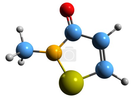 Foto de Imagen 3D de la fórmula esquelética de metilisotiazolinona - estructura química molecular del biocida 2-metil-4-isotiazolina-3-ona aislada sobre fondo blanco - Imagen libre de derechos