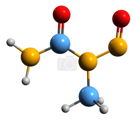 Foto de Imagen 3D de la fórmula esquelética de metilnitrosourea - estructura química molecular del carcinógeno N-metil-N-nitrosourea aislado sobre fondo blanco - Imagen libre de derechos