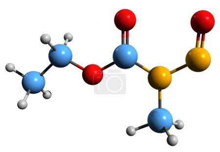 Imagen 3D de la fórmula esquelética de nitrosomtiluretano - estructura química molecular de metilnitrosuretano aislado sobre fondo blanco