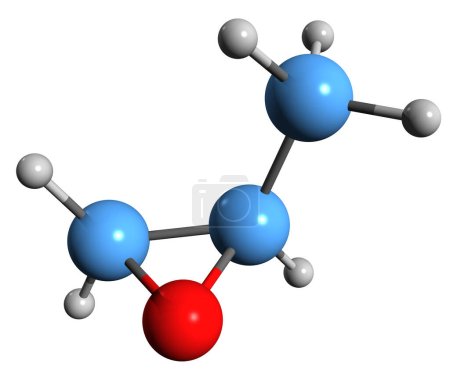 Foto de Imagen 3D de la fórmula esquelética de óxido de propileno - estructura química molecular de metiloxirano aislado sobre fondo blanco - Imagen libre de derechos
