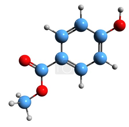 Téléchargez les photos : Image 3D de la formule squelettique du méthylparabène - structure chimique moléculaire du 4-hydroxybenzoate de méthyle isolé sur fond blanc - en image libre de droit