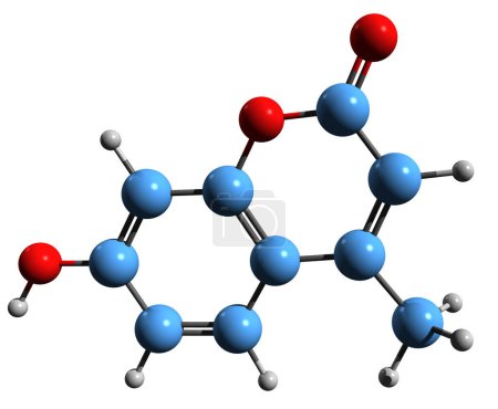 Téléchargez les photos : Image 3D de la formule squelettique de l'hymécromone - structure chimique moléculaire de la coumarine 4-méthylumbelliférone isolée sur fond blanc - en image libre de droit
