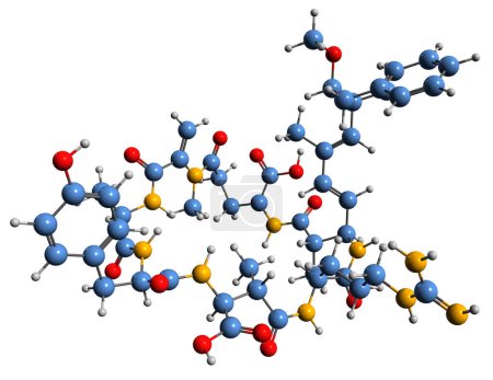 Téléchargez les photos : Image 3D de la formule squelettique de Microcystin YR - structure chimique moléculaire de la toxine cyanoginosine YR isolée sur fond blanc - en image libre de droit