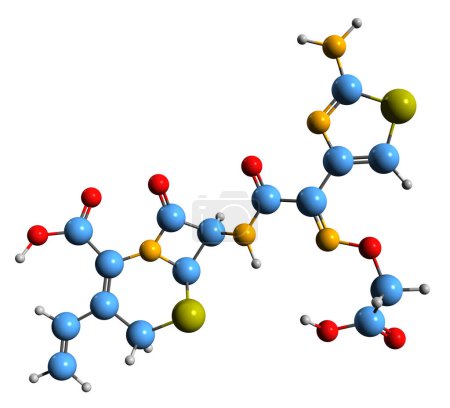 Foto de Imagen 3D de la fórmula esquelética de Cefixima: estructura química molecular del antibiótico de cefalosporina aislado sobre fondo blanco - Imagen libre de derechos