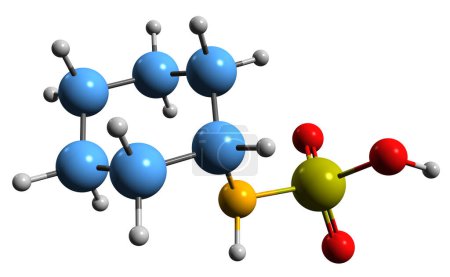 Téléchargez les photos : Image 3D de la formule squelettique de l'acide cyclamique - structure chimique moléculaire de l'acide cyclohexylsulfamique isolé sur fond blanc - en image libre de droit
