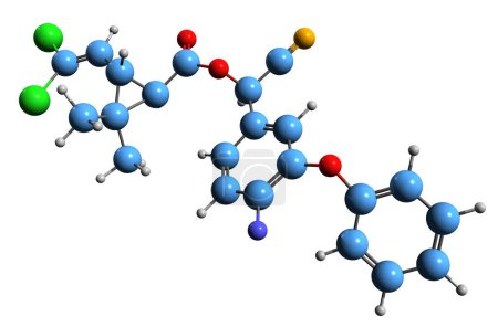 Foto de Imagen 3D de la fórmula esquelética de Cyfluthrin - estructura química molecular del insecticida piretroide aislado sobre fondo blanco - Imagen libre de derechos