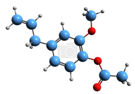 Foto de Imagen 3D de la fórmula esquelética de acetileugenol - estructura química molecular del acetato de Eugenol aislado sobre fondo blanco - Imagen libre de derechos