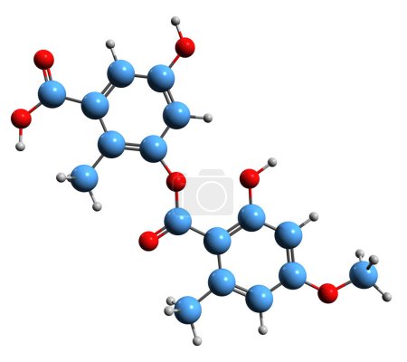 Téléchargez les photos : Image 3D de la formule squelettique de l'acide Evernic - structure chimique moléculaire du métabolite du lichen isolé sur fond blanc - en image libre de droit