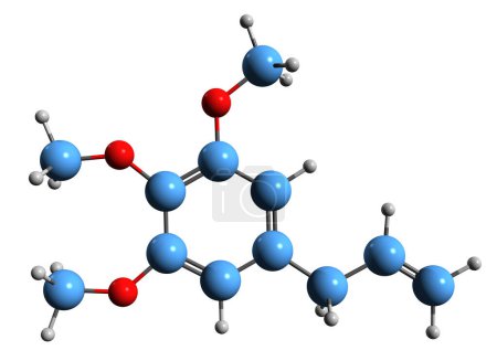 Foto de Imagen 3D de la fórmula esquelética de Elemicina - estructura química molecular del fenilpropeno aislada sobre fondo blanco - Imagen libre de derechos