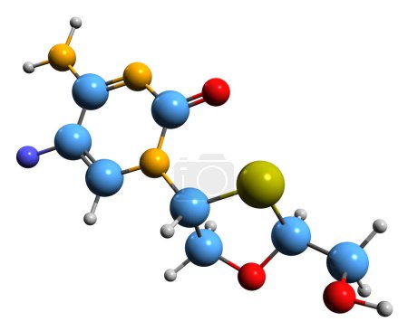 Foto de Imagen 3D de la fórmula esquelética de Emtricitabina: estructura química molecular del inhibidor de la transcriptasa inversa de nucleósidos aislado sobre fondo blanco - Imagen libre de derechos
