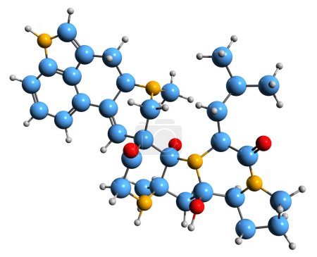 Téléchargez les photos : Image 3D de la formule squelettique de l'ergosine - structure chimique moléculaire de l'alcaloïde de l'ergot isolé sur fond blanc - en image libre de droit