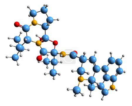 Téléchargez les photos : Image 3D de la formule squelettique de l'ergocryptine - structure chimique moléculaire de l'alcaloïde de l'ergot isolé sur fond blanc - en image libre de droit