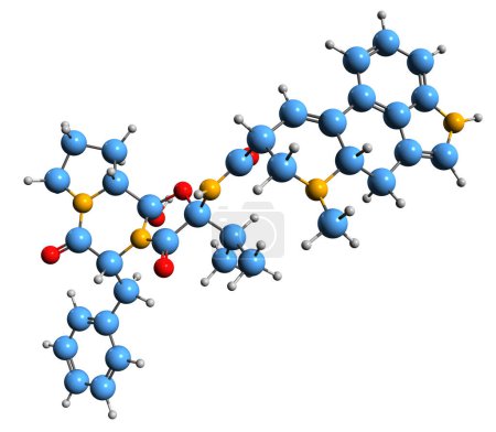 Foto de Imagen 3D de la fórmula esquelética de Ergocristina: estructura química molecular del alcaloide del cornezuelo de centeno aislado sobre fondo blanco - Imagen libre de derechos