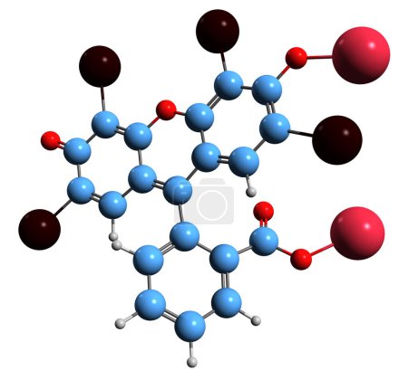 Foto de Imagen 3D de la fórmula esquelética de la eritrosina - estructura química molecular de Red No 3 aislada sobre fondo blanco - Imagen libre de derechos