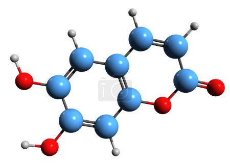 Téléchargez les photos : Image 3D de la formule squelettique d'Esculétine - structure chimique moléculaire de la cichorigénine isolée sur fond blanc - en image libre de droit