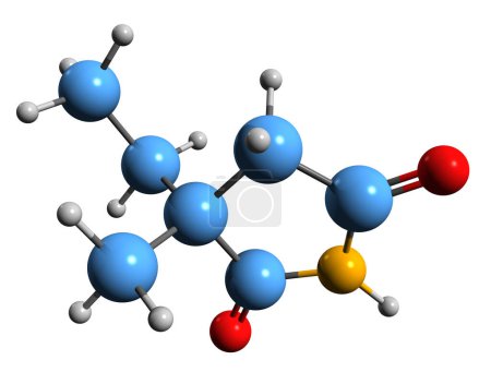 Téléchargez les photos : Image 3D de la formule squelettique de l'éthosuximide - structure chimique moléculaire du médicament anticonvulsivant isolé sur fond blanc - en image libre de droit