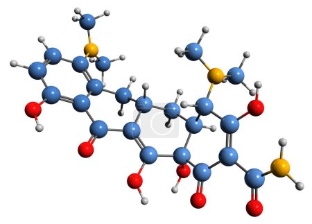 Téléchargez les photos : Image 3D de la formule squelettique Minocycline - structure chimique moléculaire de l'antibiotique tétracycline isolé sur fond blanc - en image libre de droit