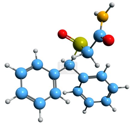 Téléchargez les photos : Image 3D de la formule squelettique Modafinil - structure chimique moléculaire du diphénylméthyl-sulfinylacétamide isolé sur fond blanc - en image libre de droit