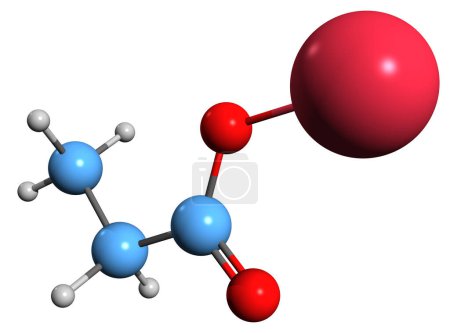 Foto de Imagen 3D de la fórmula esquelética del propionato de sodio - estructura química molecular de la sal sódica del ácido propiónico aislada sobre fondo blanco - Imagen libre de derechos
