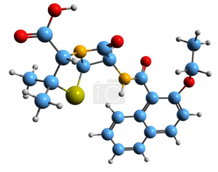 Foto de Imagen 3D de la fórmula esquelética de la nafcilina: estructura química molecular del antibiótico betalactámico aislado sobre fondo blanco - Imagen libre de derechos