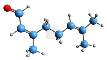 Foto de Imagen 3D de la fórmula esquelética citral - estructura química molecular de geranialdehído aislado sobre fondo blanco - Imagen libre de derechos