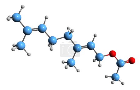 Téléchargez les photos : Image 3D de la formule squelettique de l'acétate de Néryle - structure chimique moléculaire de l'acétate de cis-géranyle isolé sur fond blanc - en image libre de droit