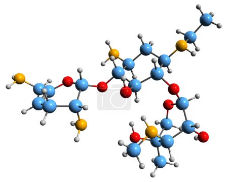 Téléchargez les photos : Image 3D de la formule squelettique de la Netilmicine - structure chimique moléculaire d'un antibiotique semi-synthétique aminoglycoside isolé sur fond blanc - en image libre de droit