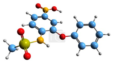 Foto de Imagen 3D de la fórmula esquelética de Nimesulide - estructura química molecular del fármaco antiinflamatorio no esteroideo aislado sobre fondo blanco - Imagen libre de derechos
