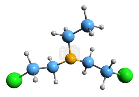 Foto de Imagen 3D de la fórmula esquelética de mostaza de nitrógeno: estructura química molecular del compuesto orgánico citotóxico aislado sobre fondo blanco - Imagen libre de derechos