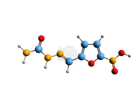 Foto de Imagen 3D de la fórmula esquelética de nitrofurazona: estructura química molecular del compuesto orgánico antimicrobiano aislado sobre fondo blanco - Imagen libre de derechos