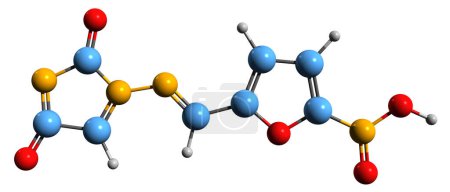Foto de Imagen 3D de la fórmula esquelética de nitrofurantoína: estructura química molecular de la medicación antibacteriana aislada sobre fondo blanco - Imagen libre de derechos