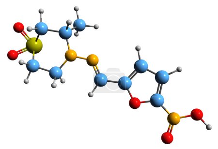 Foto de Imagen 3D de la fórmula esquelética de Nifurtimox: estructura química molecular del antimicrobiano nitrofurano aislado sobre fondo blanco - Imagen libre de derechos