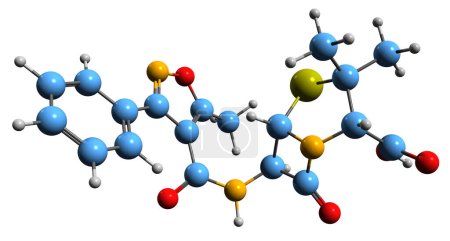 Foto de Imagen 3D de la fórmula esquelética de Oxacilina: estructura química molecular del antibiótico betalactámico aislado sobre fondo blanco - Imagen libre de derechos