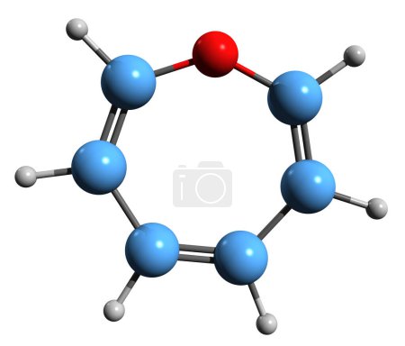 Foto de Imagen 3D de la fórmula esquelética de Oxepin - estructura química molecular del oxacicloheptatrieno aislado sobre fondo blanco - Imagen libre de derechos
