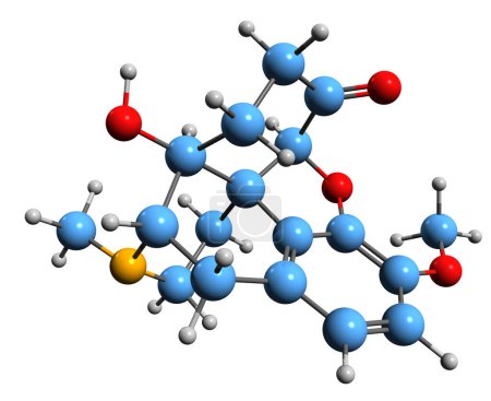 Foto de Imagen 3D de la fórmula esquelética de Oxycodone - estructura química molecular del opioide semisintético aislado sobre fondo blanco - Imagen libre de derechos