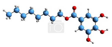 Foto de Imagen 3D de la fórmula esquelética del galato de octilo: estructura química molecular del éster de 1-octanol y ácido gálico aislados sobre fondo blanco - Imagen libre de derechos
