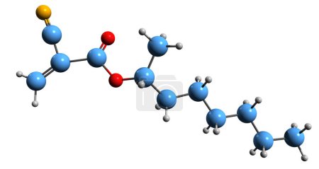 Foto de Imagen 3D de la fórmula esquelética de octilo cianoacrilato - estructura química molecular del octilo 2-cianopropenoato aislado sobre fondo blanco - Imagen libre de derechos