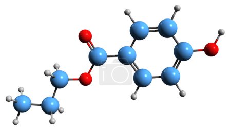 Téléchargez les photos : Image 3D de la formule squelettique du propylparabène - structure chimique moléculaire du 4-hydroxybenzoesaurepropylester isolé sur fond blanc - en image libre de droit