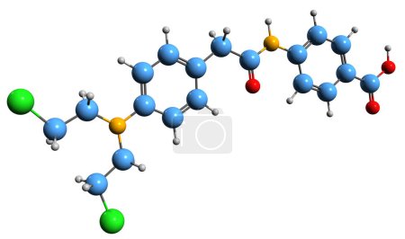 Téléchargez les photos : Image 3D de la formule squelettique de Pafencil - structure chimique moléculaire de l'acide chloroéthylaminophénacétylparaaminobenzoïque isolé sur fond blanc - en image libre de droit