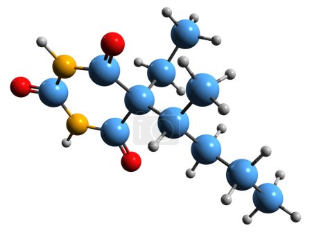 Téléchargez les photos : Image 3D de la formule squelettique pentobarbital - structure chimique moléculaire du pentobarbitone barbiturique à courte durée d'action isolé sur fond blanc - en image libre de droit