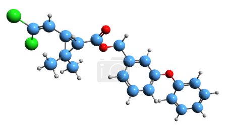 Foto de Imagen 3D de la fórmula esquelética de permetrina - estructura química molecular del insecticida aislado sobre fondo blanco - Imagen libre de derechos
