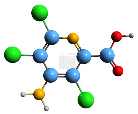 Téléchargez les photos : Image 3D de la formule squelettique de Picloram - structure chimique moléculaire de l'herbicide isolé sur fond blanc - en image libre de droit