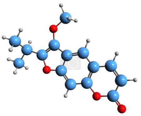 Foto de Imagen 3D de la fórmula esquelética de Peucedanina - estructura química molecular de furanocumarina aislada sobre fondo blanco - Imagen libre de derechos