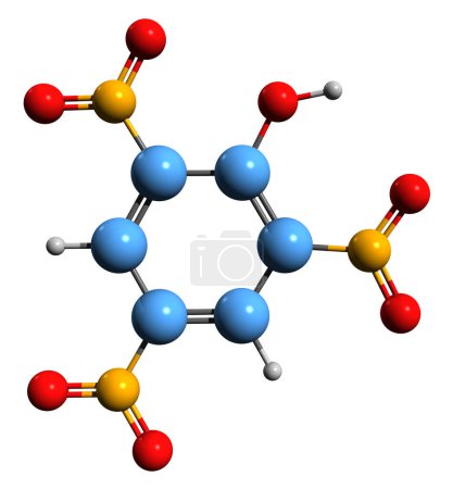 Foto de Imagen 3D de la fórmula esquelética de ácido picrico - estructura química molecular del trinitrobenceno aislado sobre fondo blanco - Imagen libre de derechos